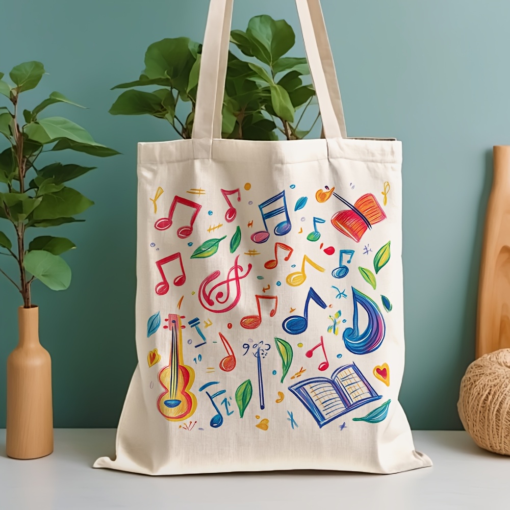Musical Instrument Shop - กระเป๋าผ้าแคนวาสพิมพ์ลายเครื่องดนตรีและโน้ตดนตรีสีสันสดใส เหมาะสำหรับใช้ในชีวิตประจำวัน ช้อปปิ้ง ไปโรงเรียน และการเดินทาง