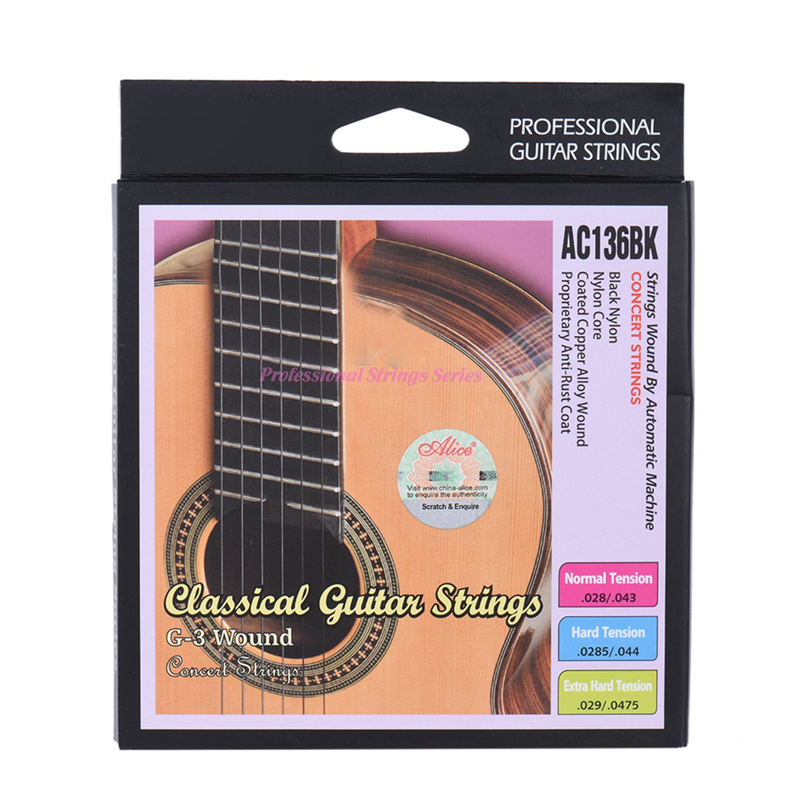 Classical Guitar Nylon - สายกีตาร์คลาสสิคไนลอนสีดำ Alice AC136BK-H 6 ชิ้น/ชุด (.0285-.044)