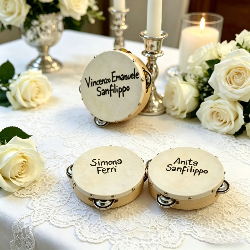 Musical Instrument With Name - 3/5 ชิ้น ﻿ กลองแทมบูรีนงานแต่งงาน กลองหนังแกะสลักชื่อได้ ของชำร่วยงานแต่งงาน