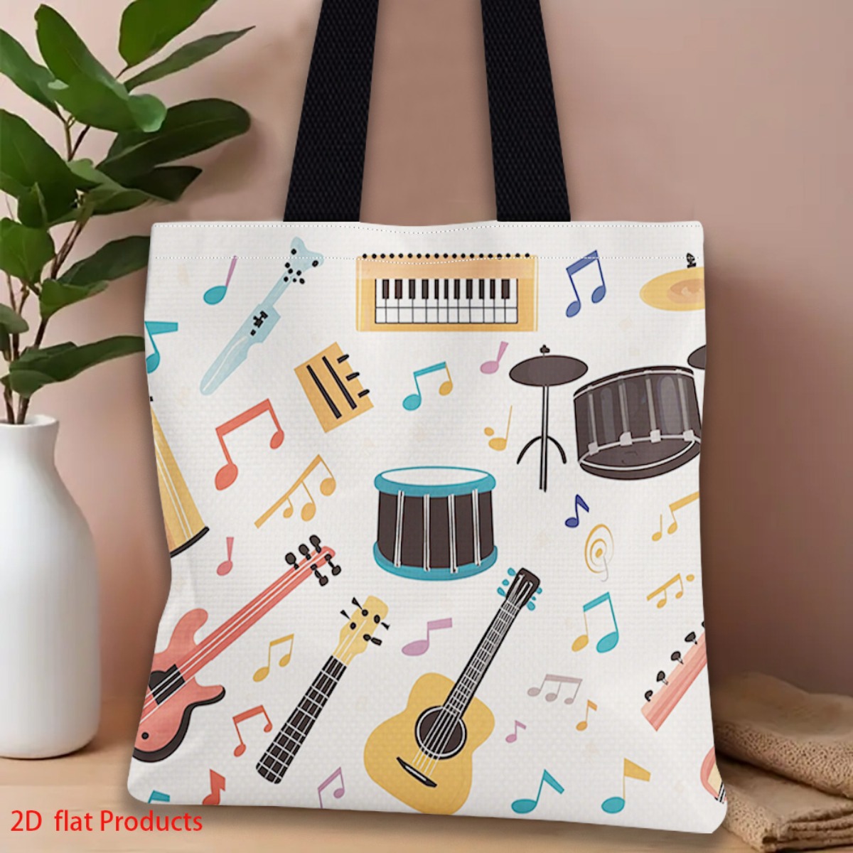Musical Instrument Shop - ถุงช้อปปิ้งที่มีดีไซน์สดใสของเครื่องดนตรีและโน้ตเพลง เหมาะสำหรับเป็นของขวัญ มีสไตล์และใช้งานได้จริง
