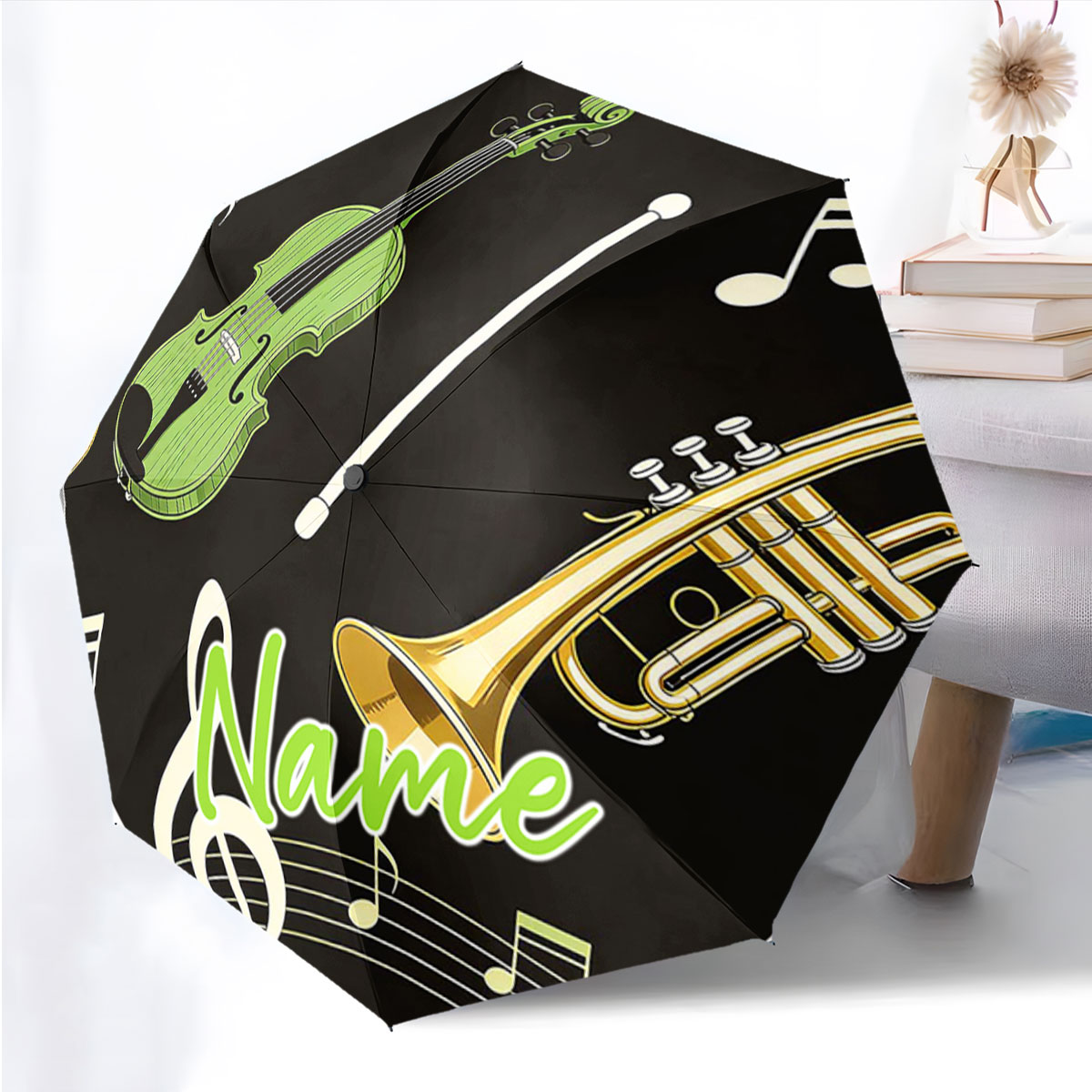 Musical Instrument With Name - ร่มพับลายเครื่องดนตรีพร้อมชื่อที่กำหนดเอง พิมพ์ลายเฉพาะตัว โครงเหล็ก 8 ซี่ เปิดอัตโนมัติ