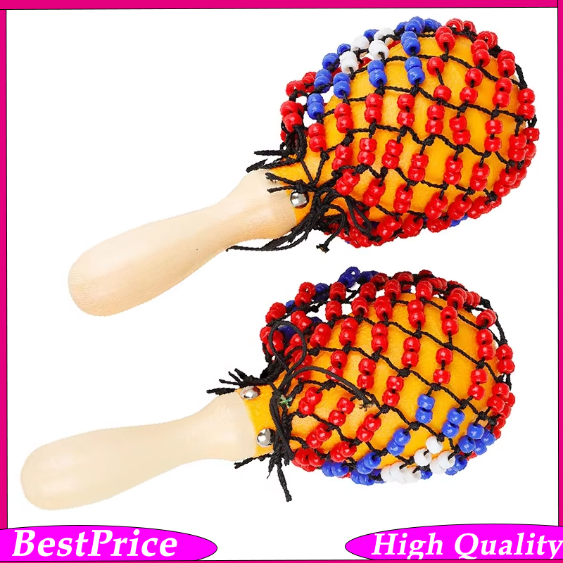 Musical Instrument Net - ค้อนทรายไม้ 1 คู่ พร้อมตาข่ายประดับลูกปัด เครื่องดนตรีเคาะจังหวะสำหรับเด็กเล็กและการศึกษาดนตรีเบื้องต้น